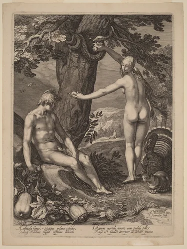 Temptation of Man by Jan Pietersz Saenredam; Abraham Bloemaert, print, 1604