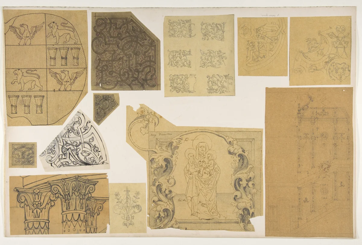 Twelve ornamental designs for the decoration of interiors by Jules-Edmond-Charles Lachaise, drawing, 1845-1900