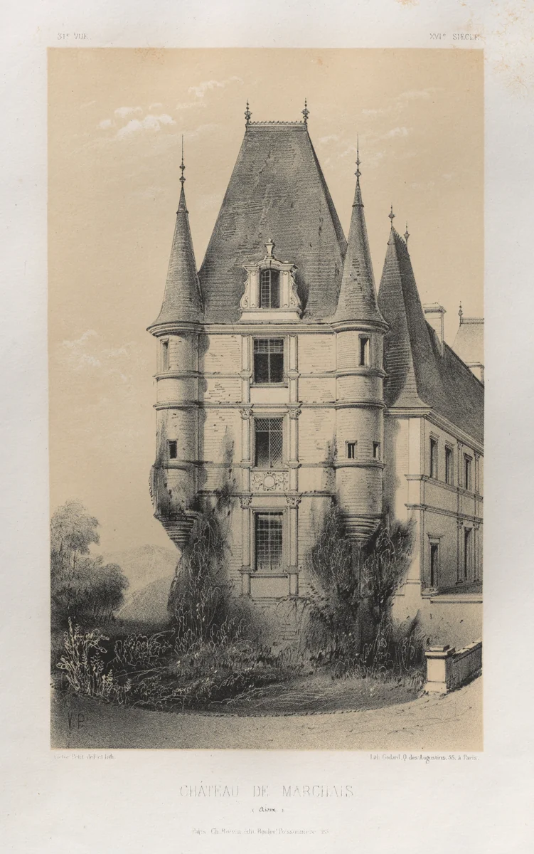Architecture Pittoresque ou Monuments des xveme. Et xvieme. Siecles: Chateaux De France des XV et XVI Siecles: Pl. 31, Château De Marchais (Aisne) by Victor Petit, print, 1860