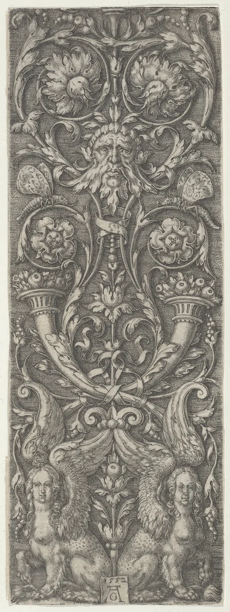 Vertical Panel with Candelabrum Grotesques Containing Cornucopias and Sphinxes by Heinrich Aldegrever, print, 1552