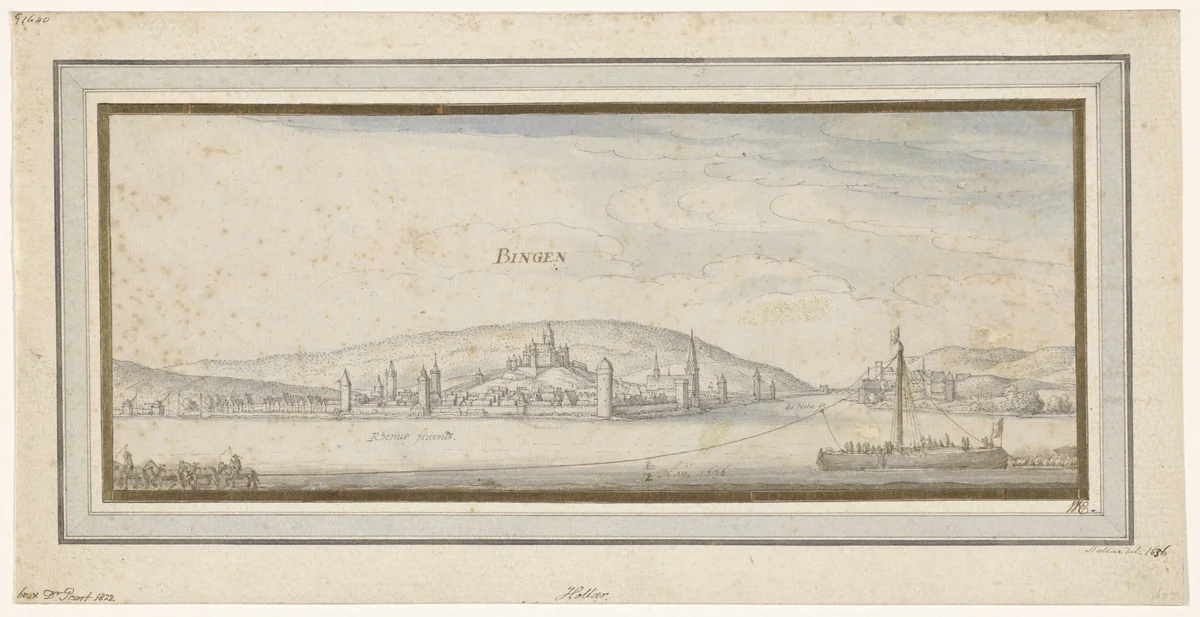 Gezicht op Bingen aan de Rijn by Wenceslaus Hollar, drawing, 1636