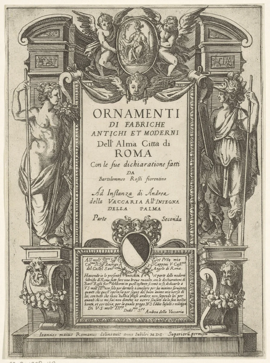Titelprent met allegorische figuren en putti by Giovanni Maggi, print, 1576-1618