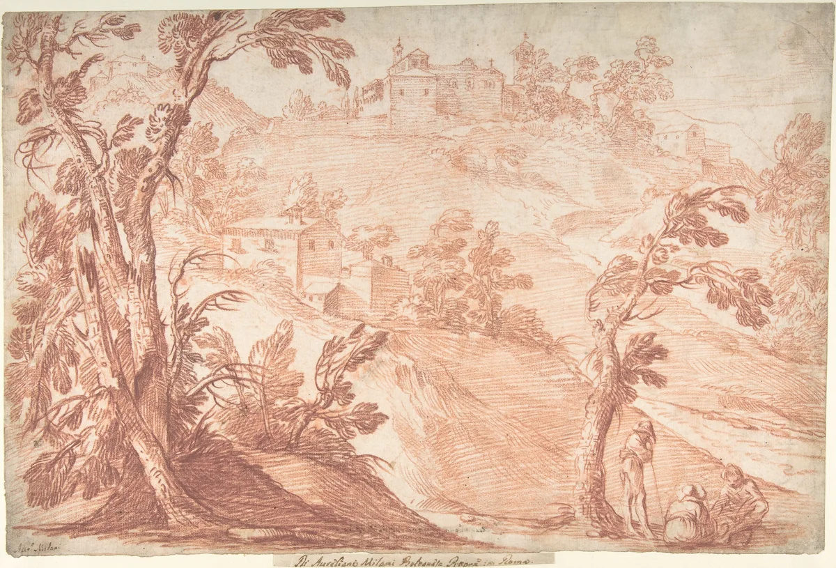 Hilly Landscape with Three Figures by Aureliano Milani, drawing, 1675-1749