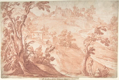Hilly Landscape with Three Figures by Aureliano Milani, drawing, 1675-1749