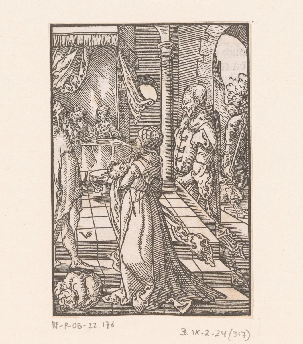 Salome brengt Herodias het hoofd van Johannes de Doper by Unknown, print, 1552