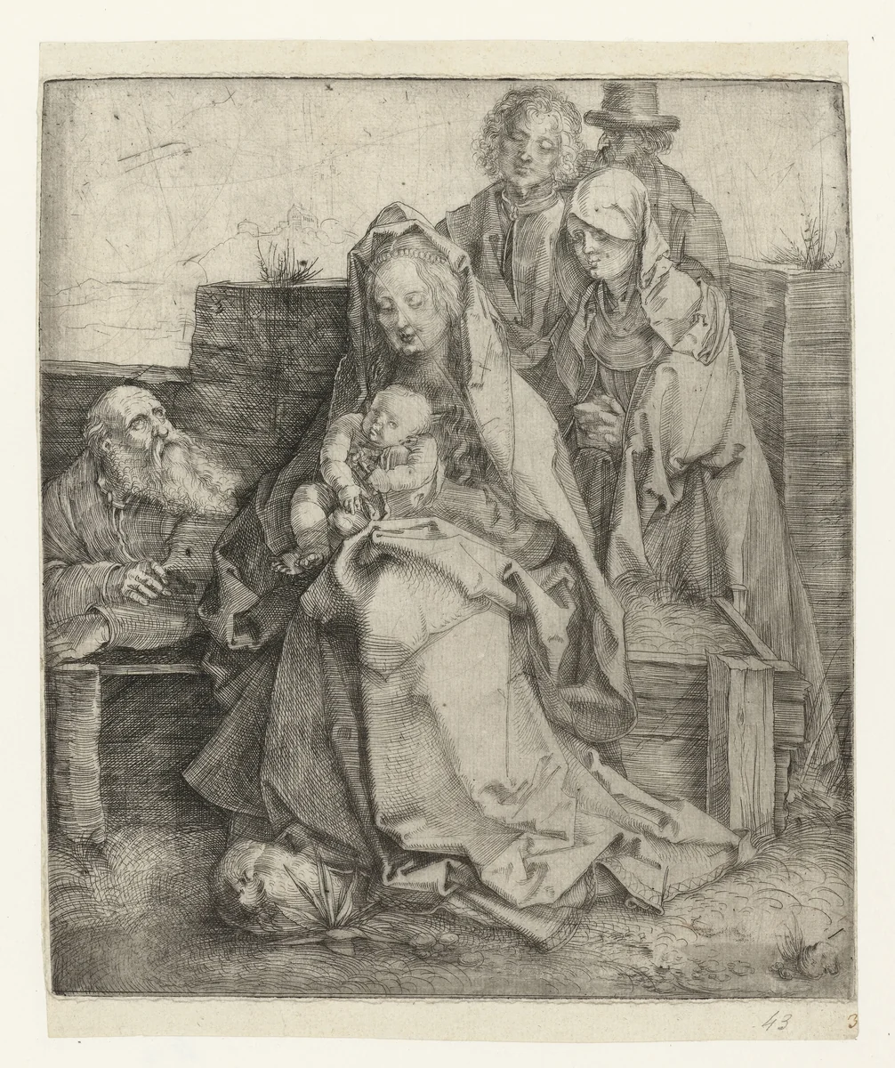 De Heilige Familie met Johannes de Evangelist, Maria Magdalena en Nicodemus by Albrecht Dürer, print, 1510-1515