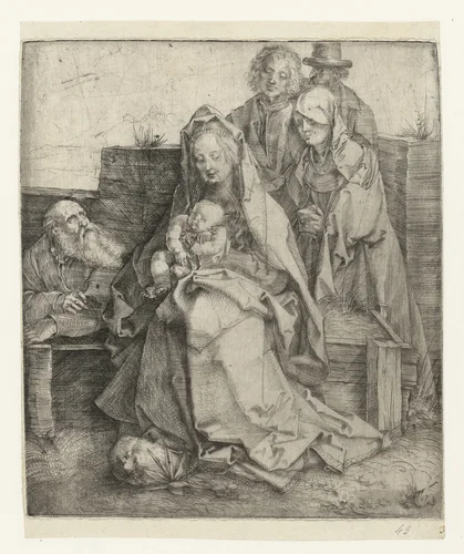 De Heilige Familie met Johannes de Evangelist, Maria Magdalena en Nicodemus by Albrecht Dürer, print, 1510-1515