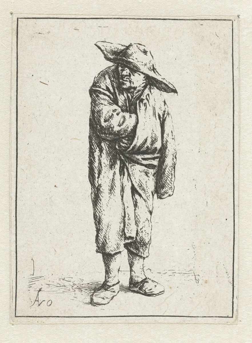 Staande boer met hand en arm in zijn mantel by Adriaen van Ostade, print, 1646-1648