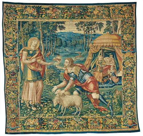The Meeting of Jacob and Rebecca, and Isaac Blessing Jacob, from The Story of Jacob by Jan van Tieghem, textile, 1560-1568