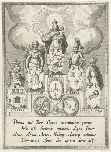 Politiek, religie, literatuur, krijgskunst en landbouw by Unknown, print, 1588-1595