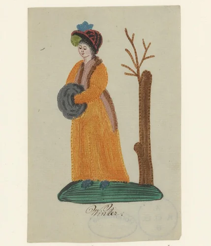 Vrouw met mof bij een kale boom by anonymous, drawing, 1800-1899