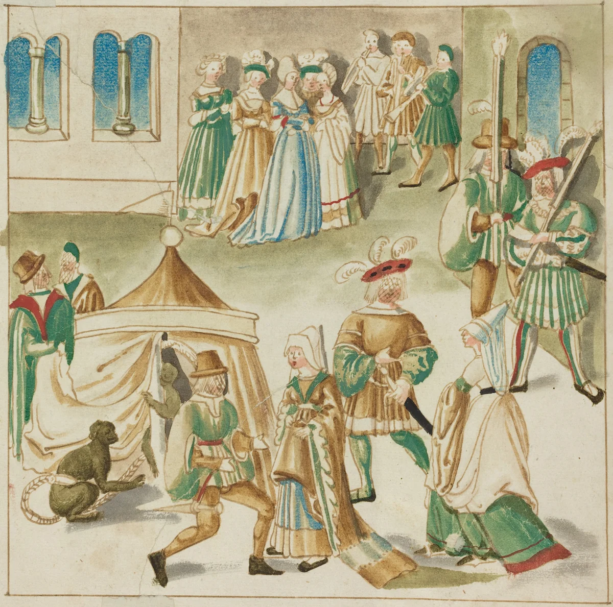 Court Amusements with Two Monkeys by German 16th Century, drawing, 1515