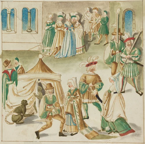 Court Amusements with Two Monkeys by German 16th Century, drawing, 1515