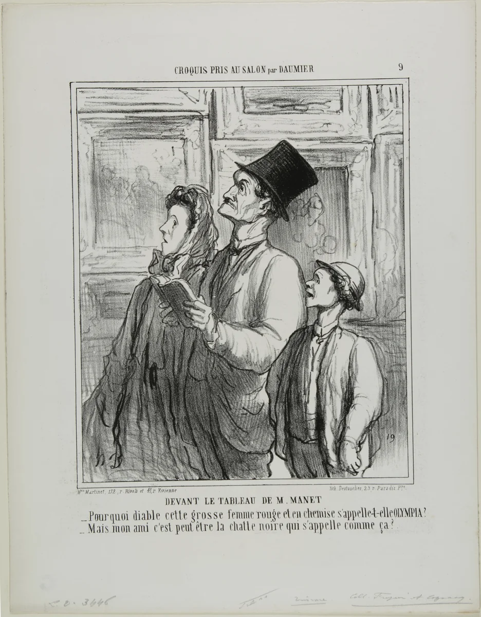 Looking at the Painting of Manet. “- Why the devil is this fat, red-faced woman in her nightdress called Olympia? - But my dear, perhaps that's the name of the black cat," plate 9 from Croquis Pris Au Salon par Daumier by Honoré-Victorin Daumier, print, 1865