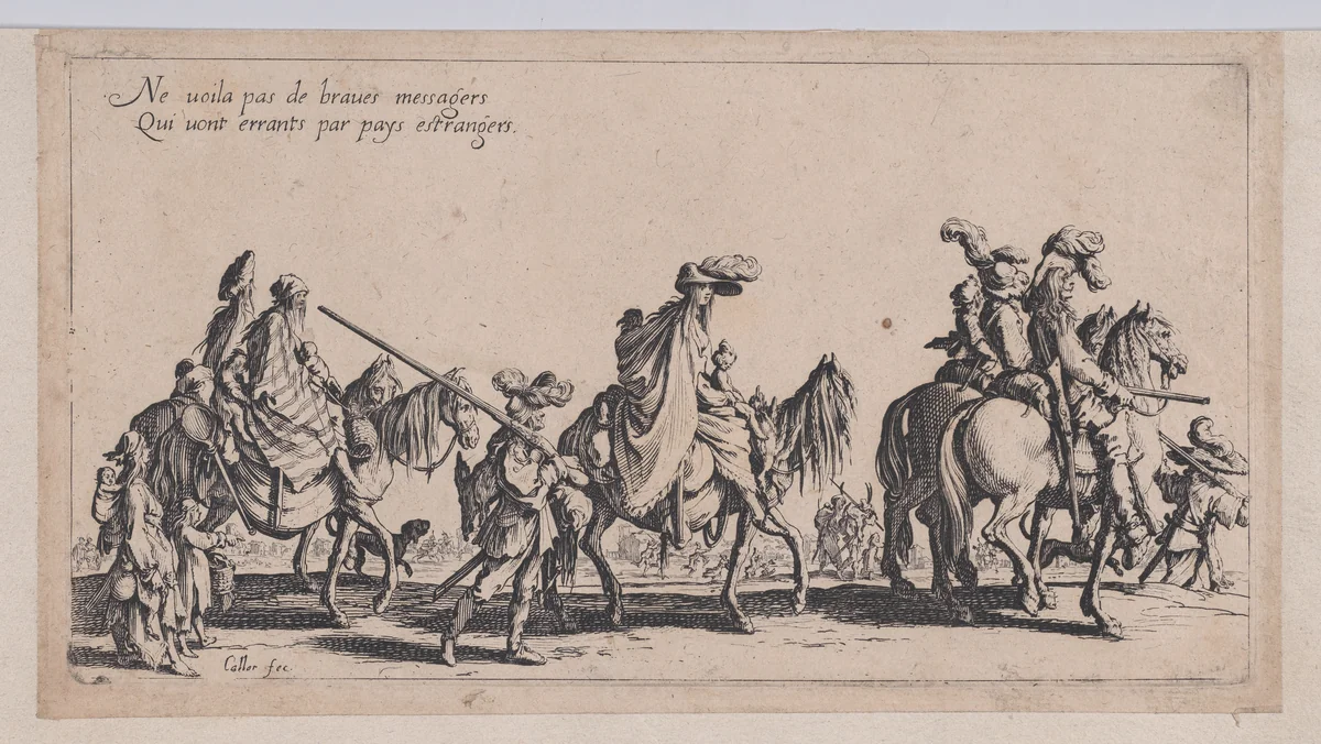 Les Bohémiens en Marche, pièce aussi appelée L'Avant-Garde (The Gypsies Travelling, piece also called The Advance Gard), from "Le Bohémiens, série appelée aussi Les Égyptiens, La Marche des Bohémiens, La Vie Errante des Bohémiens, Les Marches Égyptiennes" (The Gypsies, series also called The Egyptians, The Gypsy Troops, The Wandering Lives of Gypsies, The Egyptian Troops) by Jacques Callot, print, 1610-1635