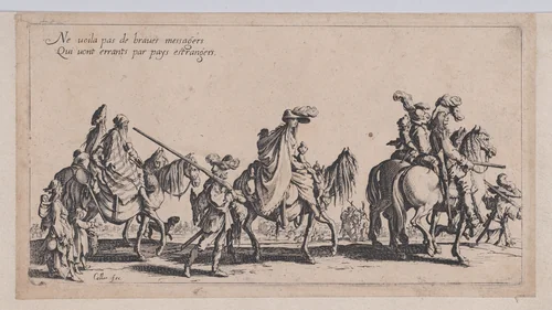 Les Bohémiens en Marche, pièce aussi appelée L'Avant-Garde (The Gypsies Travelling, piece also called The Advance Gard), from "Le Bohémiens, série appelée aussi Les Égyptiens, La Marche des Bohémiens, La Vie Errante des Bohémiens, Les Marches Égyptiennes" (The Gypsies, series also called The Egyptians, The Gypsy Troops, The Wandering Lives of Gypsies, The Egyptian Troops) by Jacques Callot, print, 1610-1635