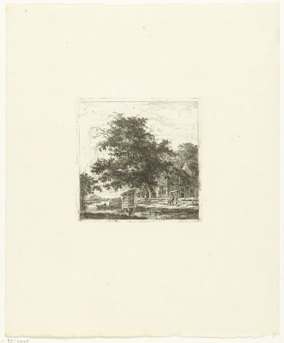 Landschap met huis en visser in een boot by Hermanus van Brussel, print, 1800-1815