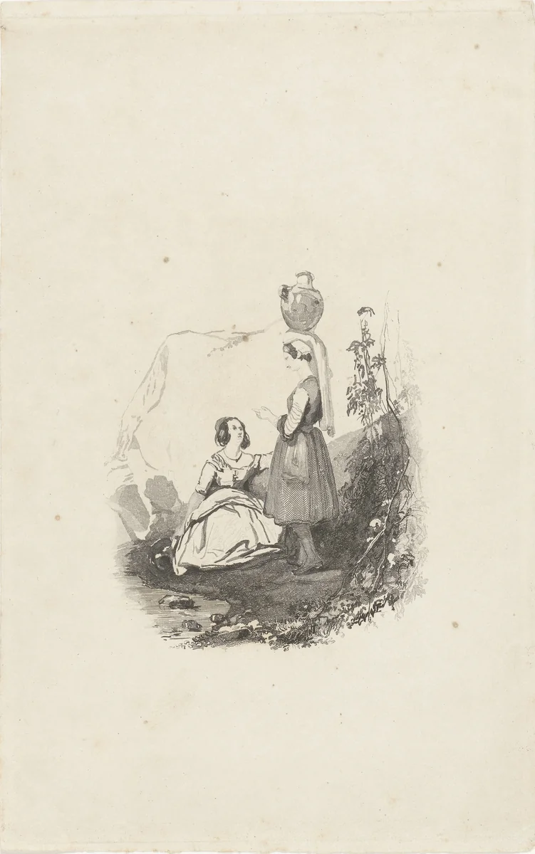 Twee waterdraagsters rusten uit by Henricus Wilhelmus Couwenberg, print, 1830-1845