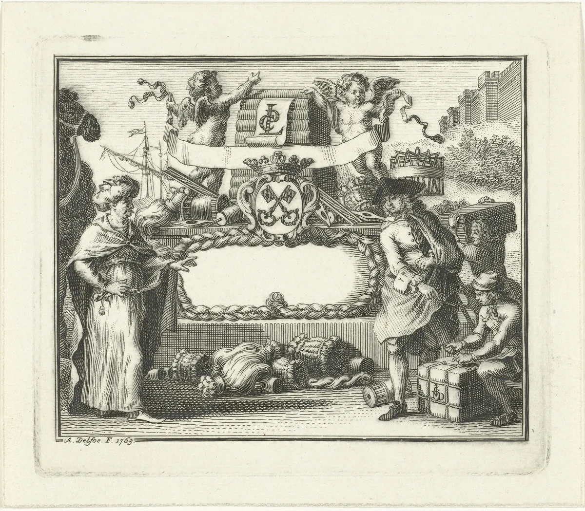 Allegorie op wolhandel in Leiden by Abraham Delfos, print, 1763
