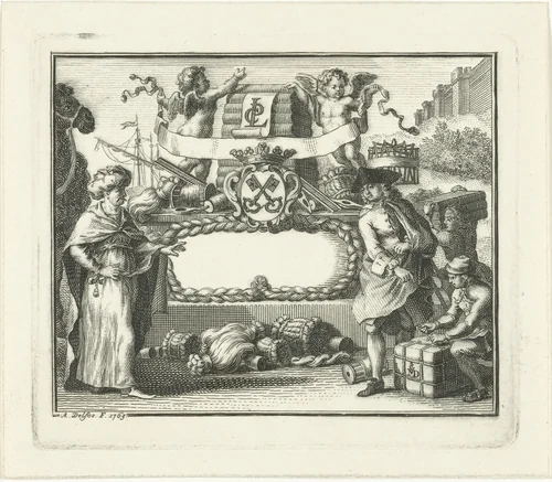 Allegorie op wolhandel in Leiden by Abraham Delfos, print, 1763