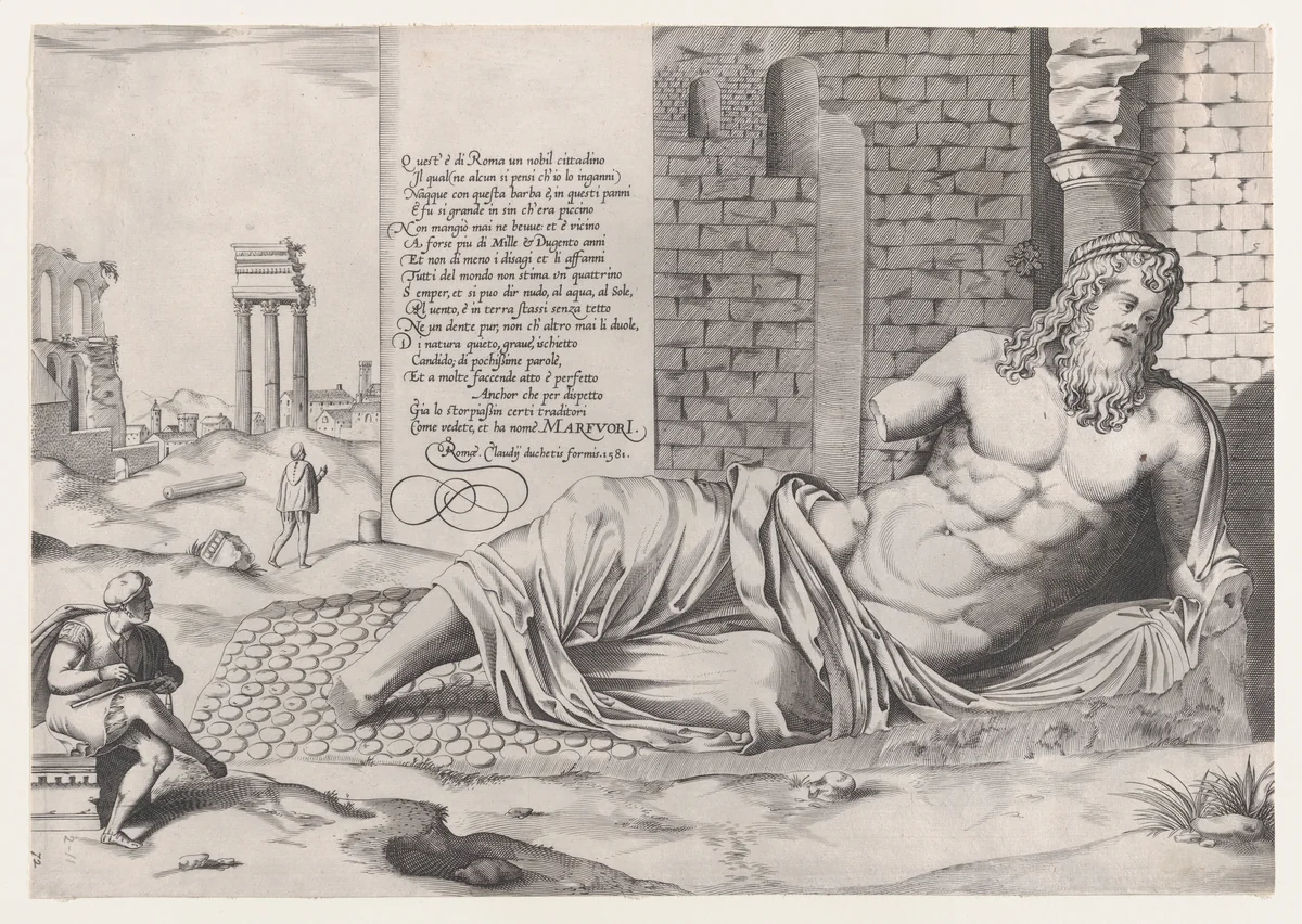 Marforius, from "Speculum Romanae Magnificentiae" by anonymous, print, 1581