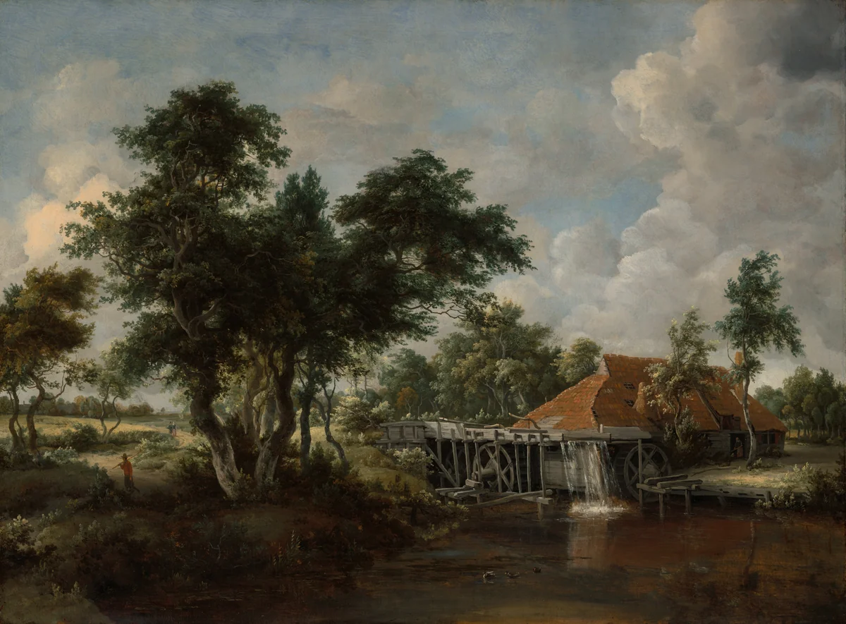 The Watermill with the Great Red Roof by Meindert Hobbema, painting, 1660-1670