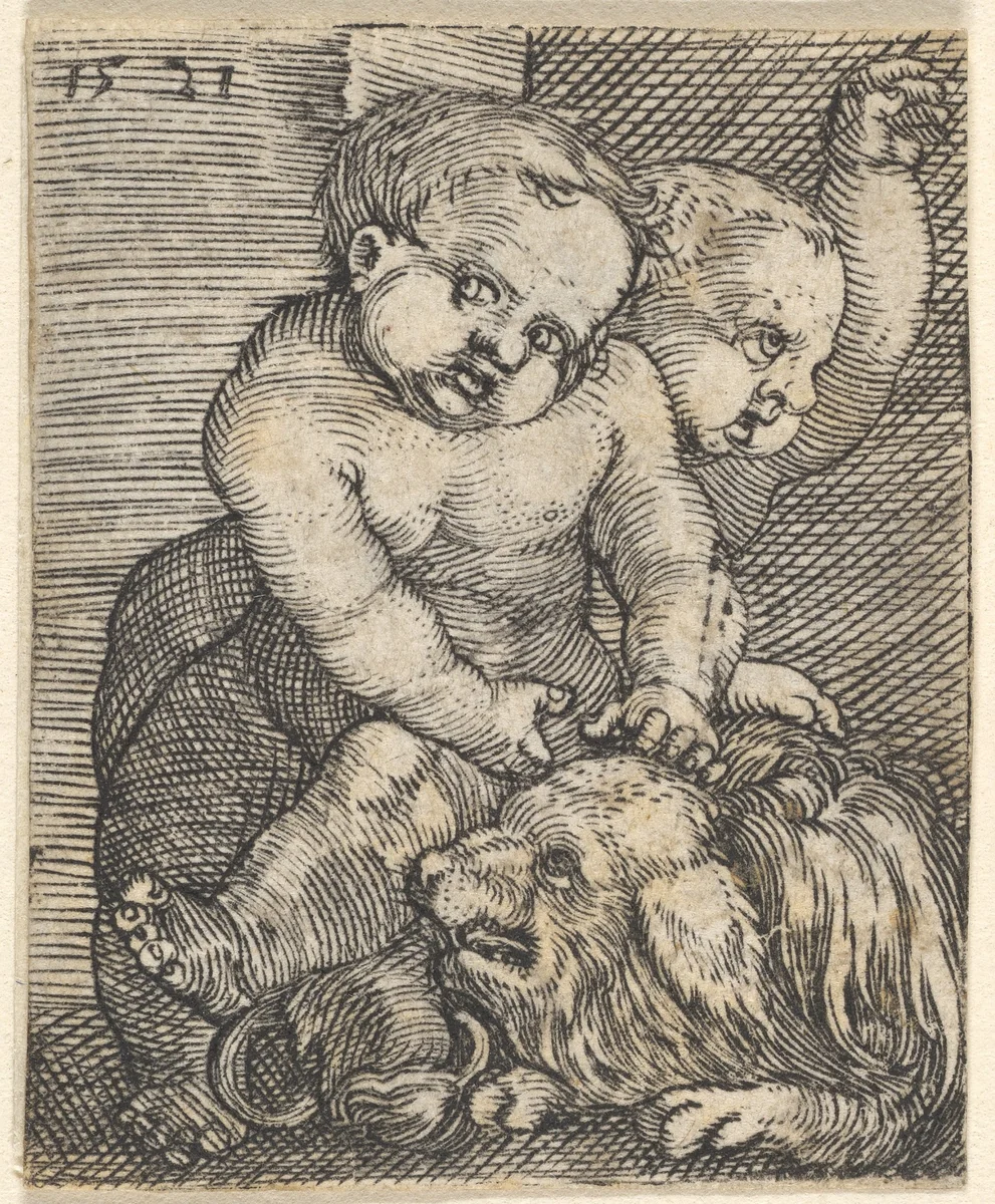 Two Boys Playing with a Dog by Barthel Beham, print, 1515-1540