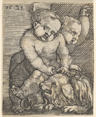 Two Boys Playing with a Dog by Barthel Beham, print, 1515-1540