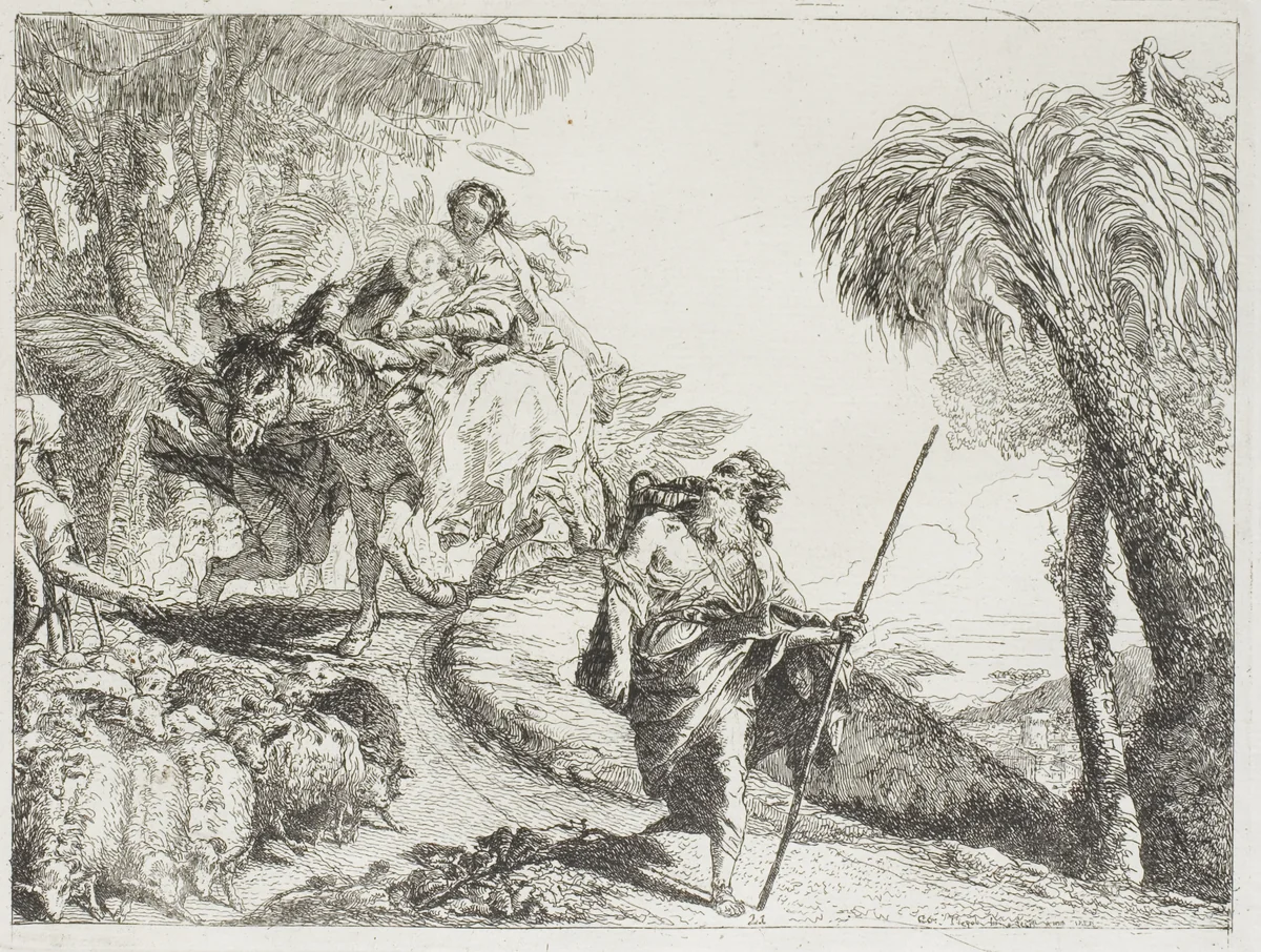 The Holy Family Descending a Forest Path, Near a Flock and Some Shepherds, plate 21 from The Flight into Egypt by Giovanni Domenico Tiepolo, print, 1753
