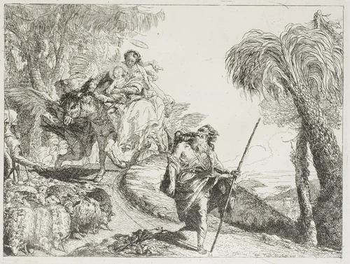 The Holy Family Descending a Forest Path, Near a Flock and Some Shepherds, plate 21 from The Flight into Egypt by Giovanni Domenico Tiepolo, print, 1753