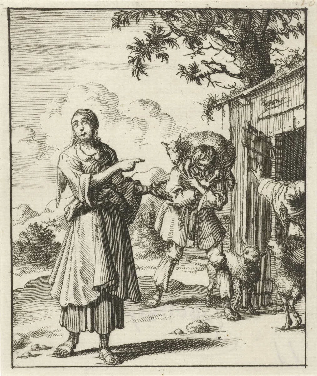 Vrouw wijst naar het teruggevonden schaap dat op de schouders van een man naar de stal wordt gebracht by Jan Luyken, print, 1687