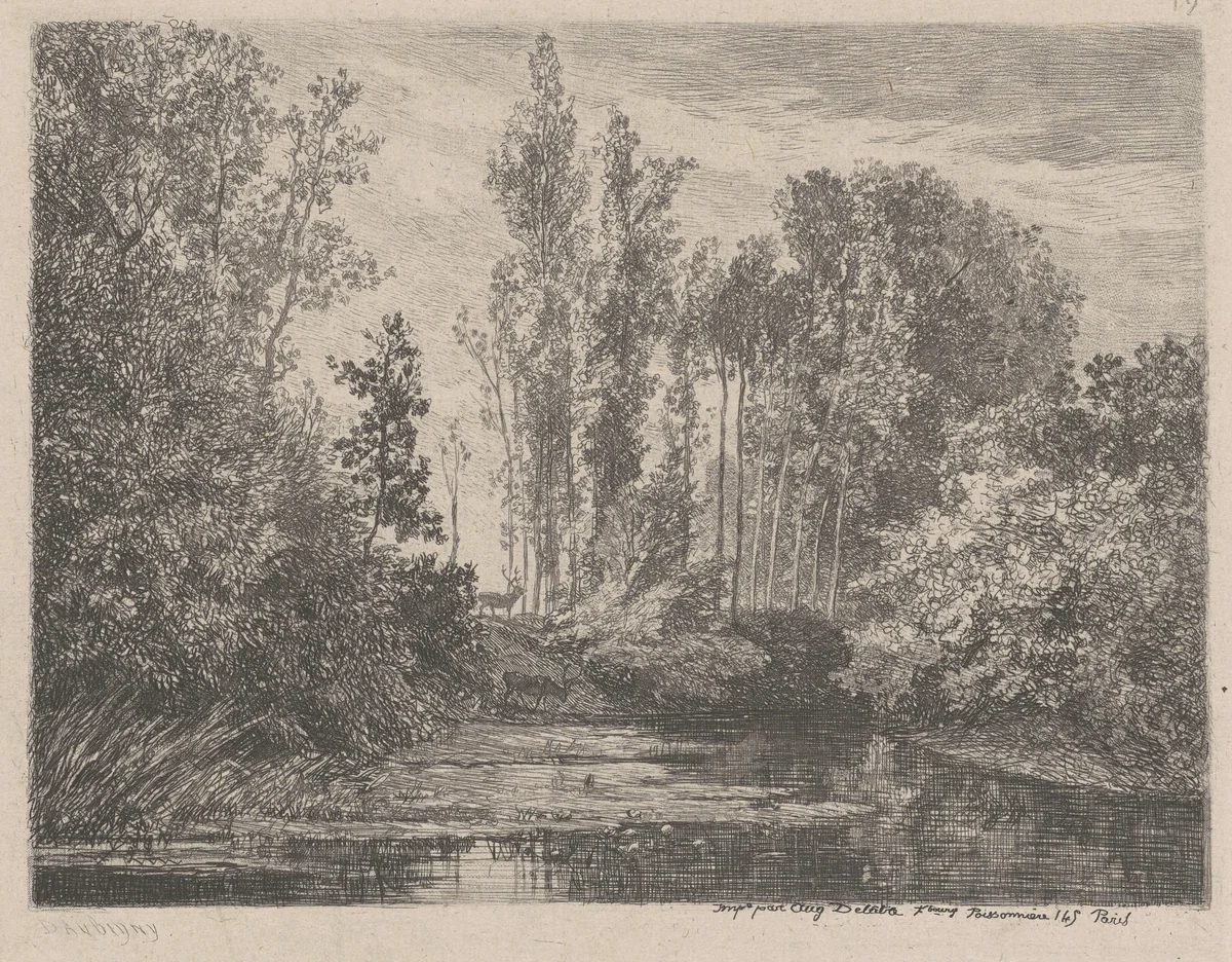 Stags at the Waterside by Charles-François Daubigny, print, 1850
