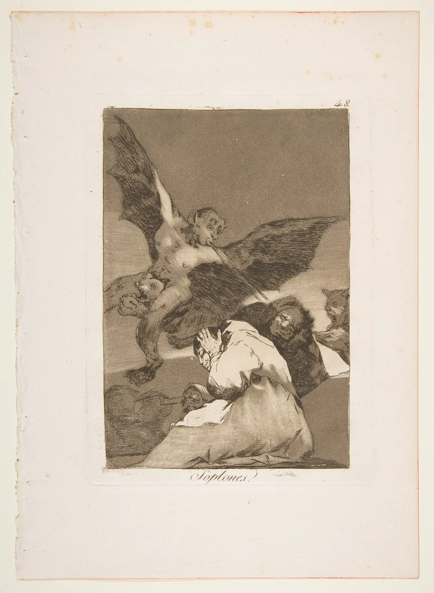 Plate 48 from "Los Caprichos": Tale-Bearers--Blasts of Wind (Soplones) by Goya, print, 1799