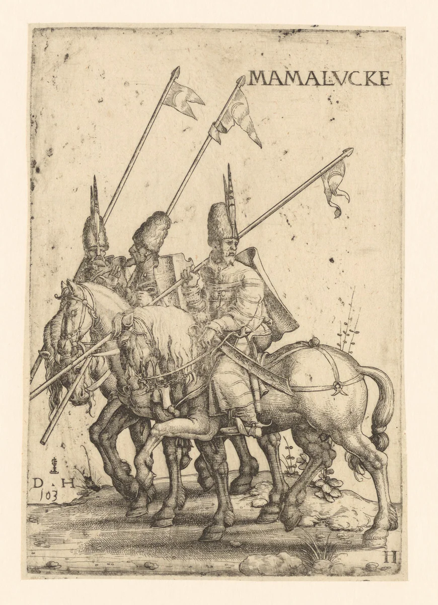Drie Mammalukken te paard by Unknown, print, 1530