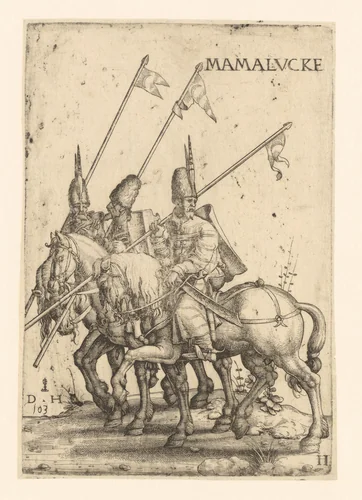 Drie Mammalukken te paard by Unknown, print, 1530