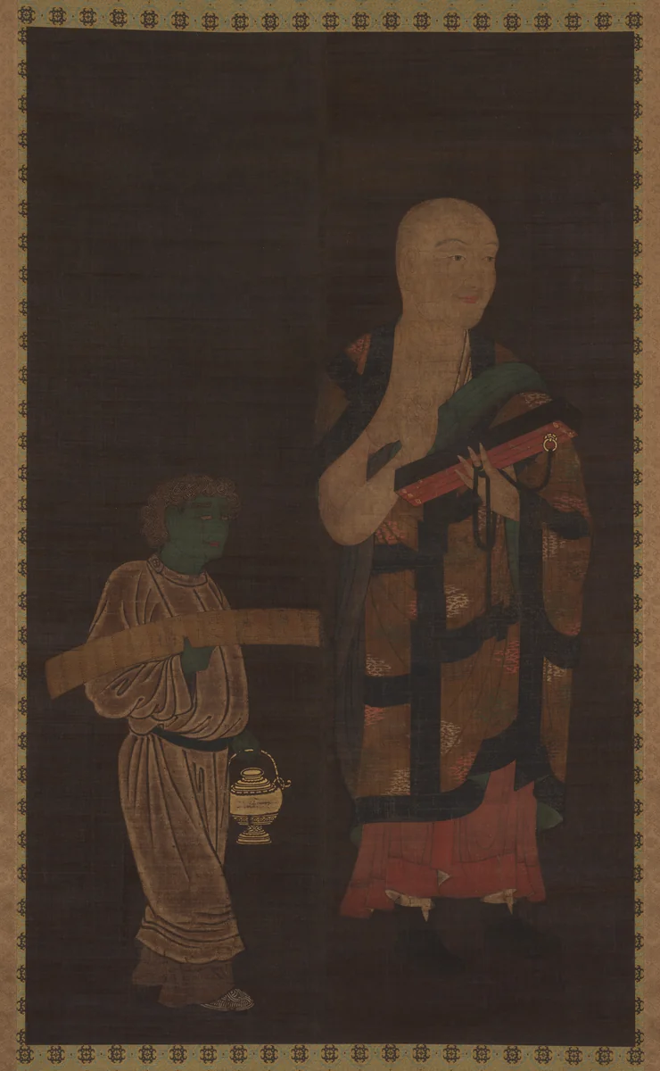 Portrait of Xuanzang (Genjō) with Attendant by Kasuga Motomitsu, painting, 1300-1333