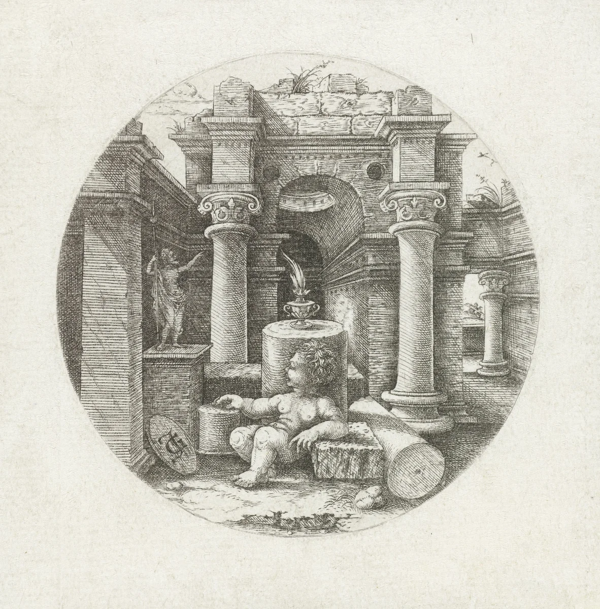 Zittend kind temidden van ruïne by Unknown, print, 1498-1551