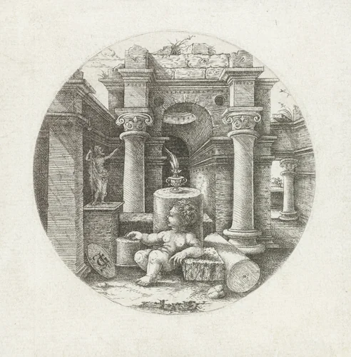 Zittend kind temidden van ruïne by Unknown, print, 1498-1551