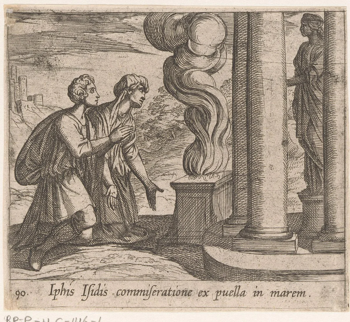 Telethusa en Iphis bidden tot Isis by Antonio Tempesta, print, 1606-1638