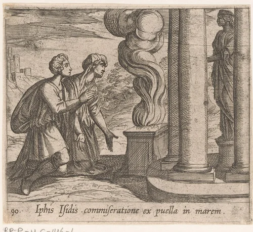 Telethusa en Iphis bidden tot Isis by Antonio Tempesta, print, 1606-1638