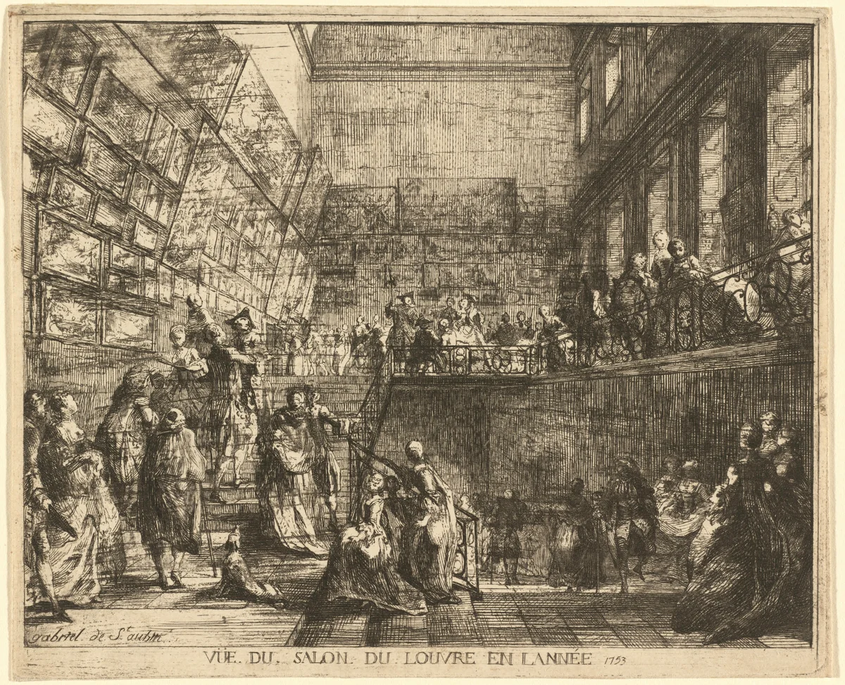 Vue du Salon du Louvre en l'année 1753 (View of the Salon in the Year 1753) by Gabriel de Saint-Aubin, print, 1753