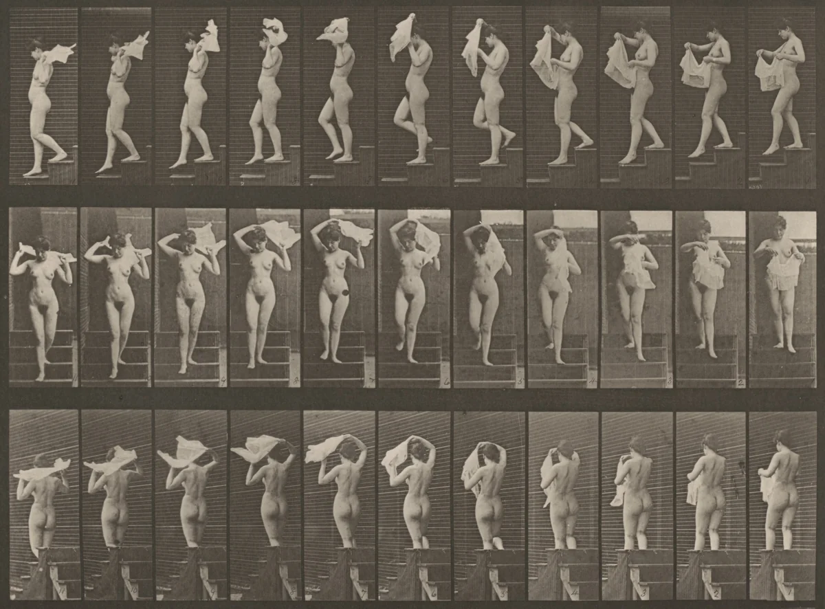 Plate Number 133. Descending stairs and throwing handkerchief over shoulders by Eadweard Muybridge, photograph, 1887