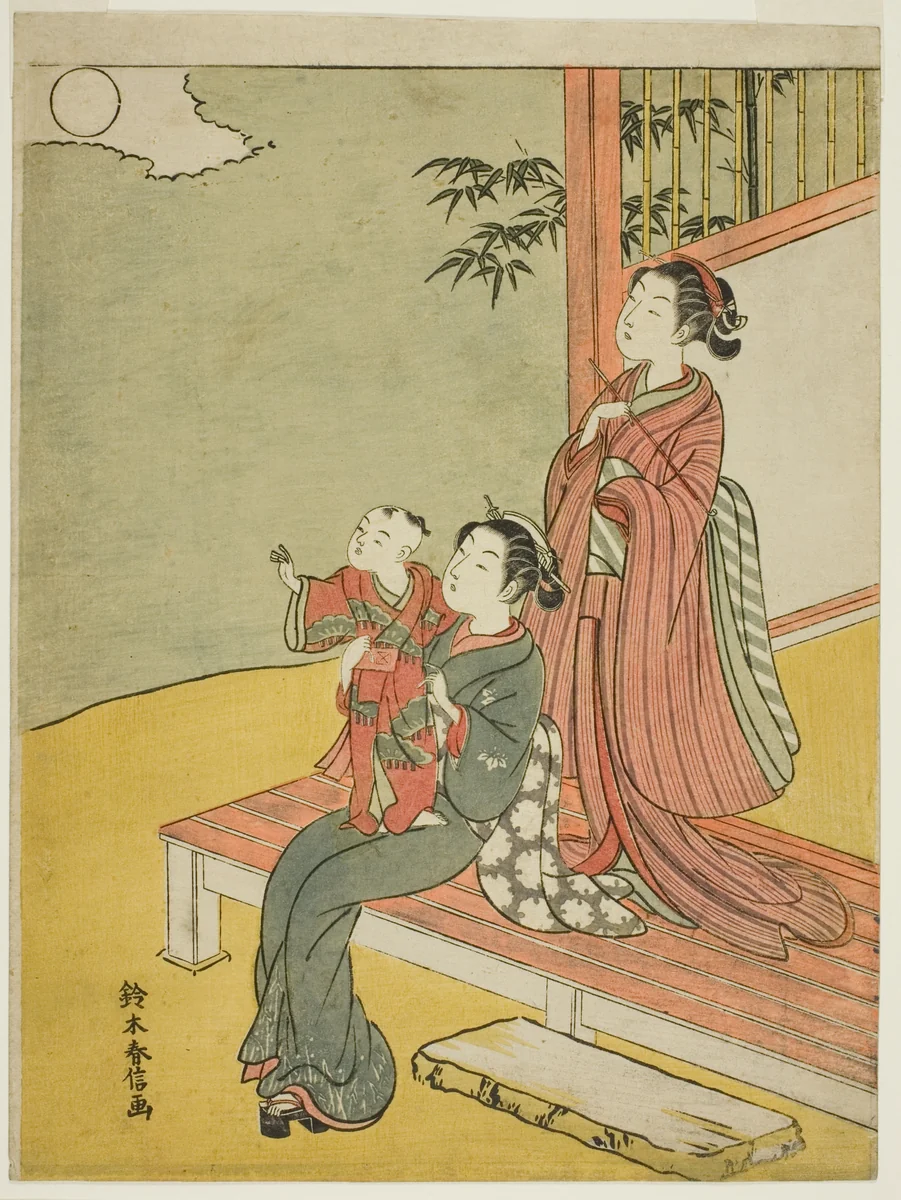 Two Women and a Child Viewing the Full Moon by Suzuki Harunobu (鈴木春信), print, 1762-1770