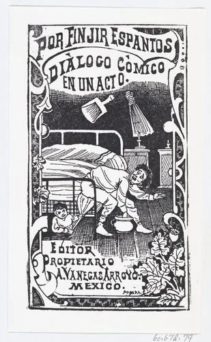 A man sitting on a bed being poked with a broom by someone under the bed, illustration for 'Por Finjir Espanto' by José Guadalupe Posada, print, 1875-1885
