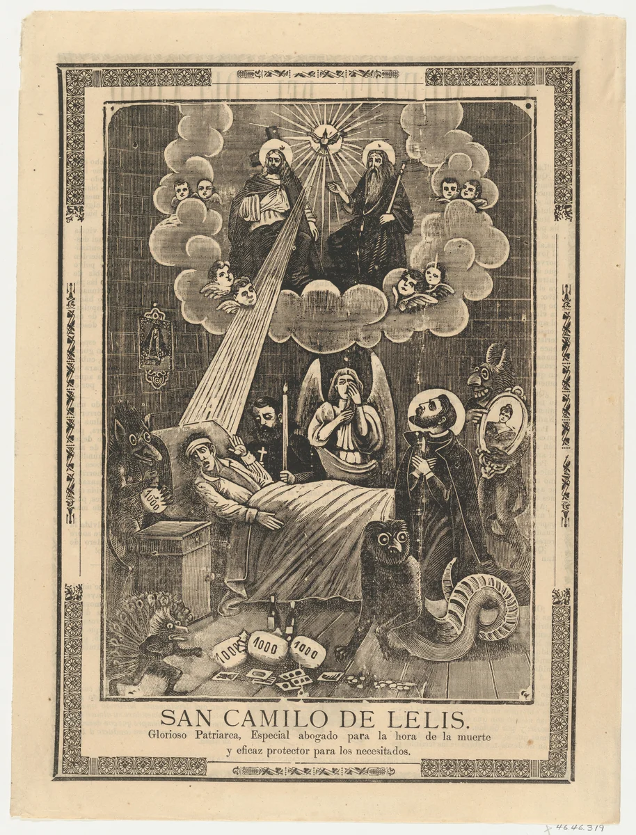 Broadsheet with Saint Camilo de Lelis in bed surrounded by demons, priests and the Holy Trinity above by anonymous, print, 1895-1905