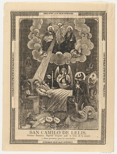 Broadsheet with Saint Camilo de Lelis in bed surrounded by demons, priests and the Holy Trinity above by anonymous, print, 1895-1905