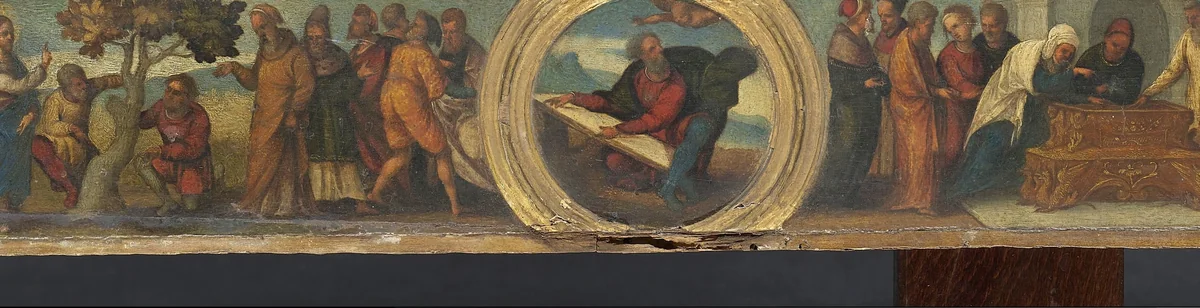 Moses and the Tablets of the Law, the Curse of the Withered Fig Tree, and the Widow's Mite by Lodovico Mazzolino, painting, 1525-1530