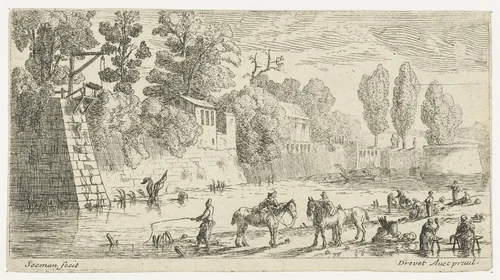 Vrouwen doen de was bij een kanaal by anonymous, print, 1650-1738