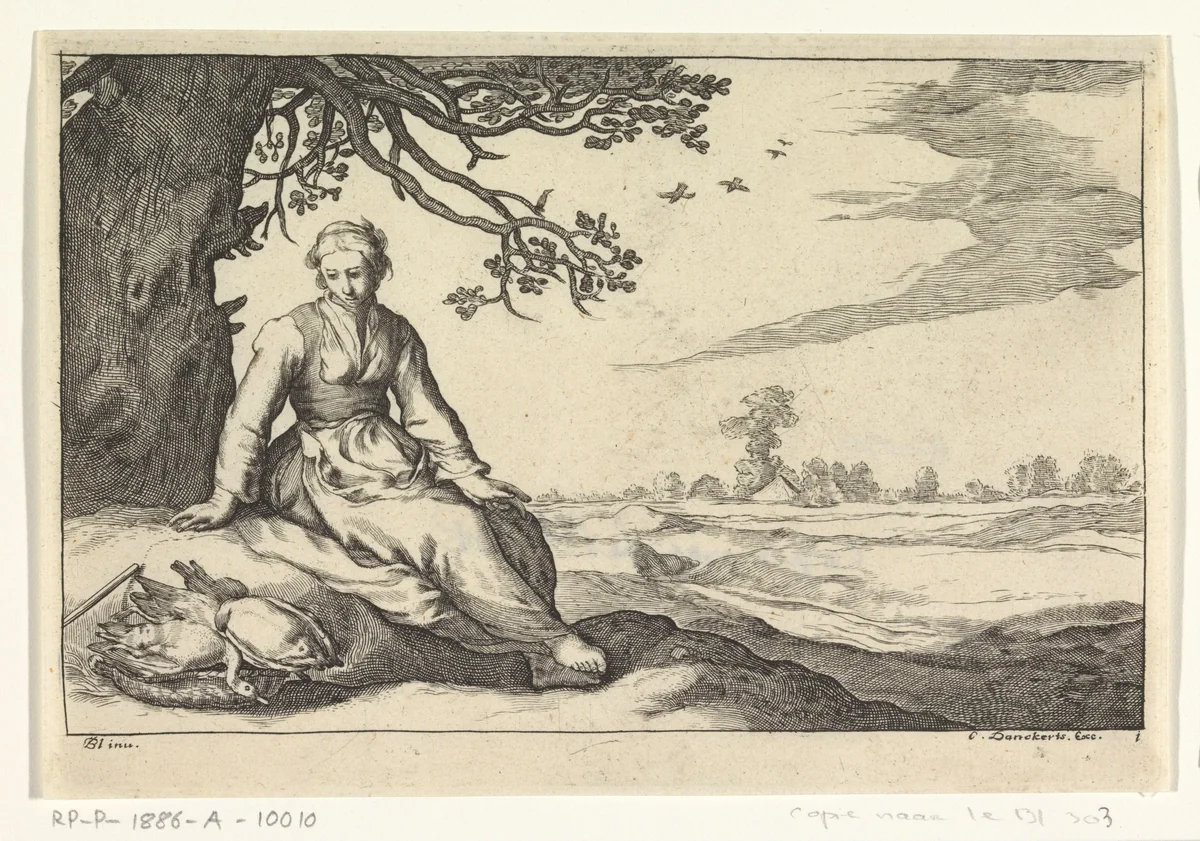 Een jonge vrouw onder een boom by anonymous, print, 1625-1718