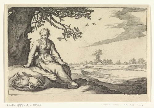 Een jonge vrouw onder een boom by anonymous, print, 1625-1718